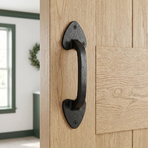 Heavy Duty Rustic Barn Door Handles Set Of 3 Cast Iron Gate Pulls with aged finish on light wood door