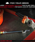 50 Foot 3 By 8 Inch Air Compressor Hose 300 PSI Heavy Duty Lightweight PVC Flex with air chuck and glad hand connector on table.