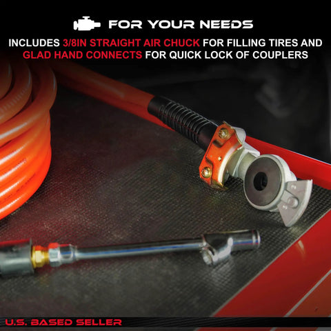 50 Foot 3 By 8 Inch Air Compressor Hose 300 PSI Heavy Duty Lightweight PVC Flex with air chuck and glad hand connector on table.