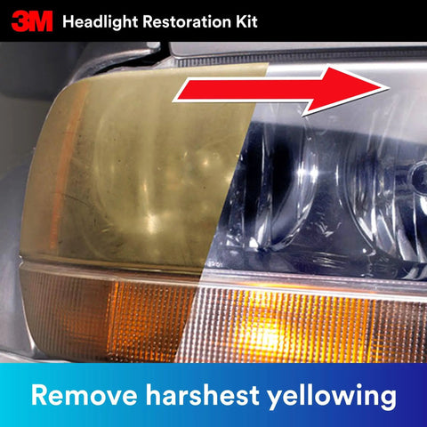 Comparison of headlight before and after using Headlight Lens Restoration Kit 39008 For Clear Brighter Headlights At Home With Disc Pad