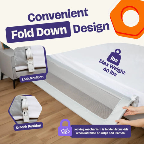 Convenient Fold Down Design of Keep Lil Ones Snuggled With This Smooth Swing Down Toddler Bed Rail, showing locking mechanism.