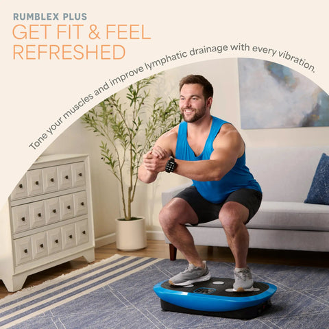 Man exercising on Rumblex Plus 4D Vibration Plate Exercise Machine with Whole Body Vibration in a home setting