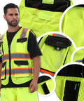 Top Tier High Visibility Reflective Safety Vest Featuring Featherweight Mesh Construction Plus Kickass Fluorescent Panels And Sturdy Reflective Tape To Keep Your Crew Safe On Busy Construction Sites, close-up of pockets and reflective tape.