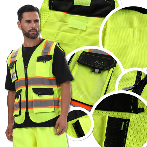 Top Tier High Visibility Reflective Safety Vest Featuring Featherweight Mesh Construction Plus Kickass Fluorescent Panels And Sturdy Reflective Tape To Keep Your Crew Safe On Busy Construction Sites, close-up of pockets and reflective tape.