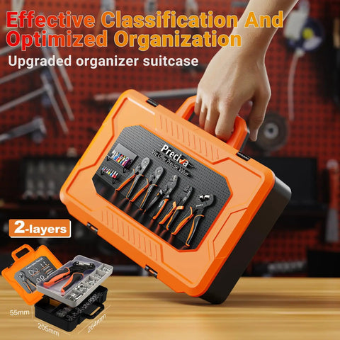 Person holding an orange tool organizer suitcase displaying pliers and tools. 3/8 Inch Grommet Tool Kit With Portable Handheld Hole Punch.