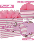 Large Pink Gift Bag Set With Greeting Card And Tissue Paper For Baby Girl Baby Shower And Kids Birthday Party 13 inch with 3D elephant design