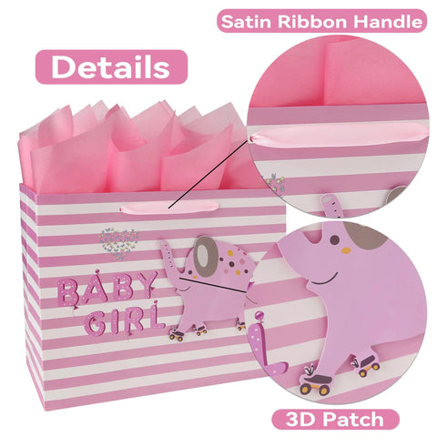 Large Pink Gift Bag Set With Greeting Card And Tissue Paper For Baby Girl Baby Shower And Kids Birthday Party 13 inch with 3D elephant design