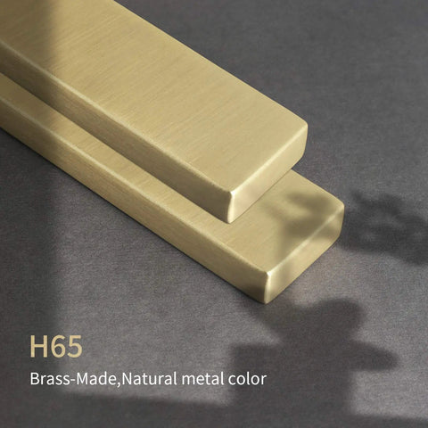 Top Shelf Pure Brass Finger Pulls With Brushed Matte Finish Hella Slim Modern Cabinet Handles Five Inch Center To Center Six Pack resting on dark surface.