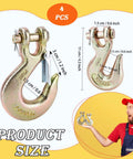4 Piece 3/8 Inch Clevis Slip And Grab Hook Set With Safety Latch, Heavy Duty Forged Steel G70 Chain Ties rated at 6600 lbs, detailed size chart.