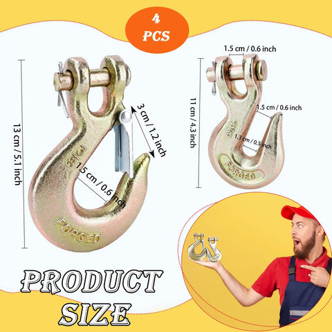 4 Piece 3/8 Inch Clevis Slip And Grab Hook Set With Safety Latch, Heavy Duty Forged Steel G70 Chain Ties rated at 6600 lbs, detailed size chart.
