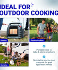 Collage showing uses of Propane Quick Connect Adapter For Gas Grills And Heaters 1/4 Quick Connect Regulator in outdoor settings.
