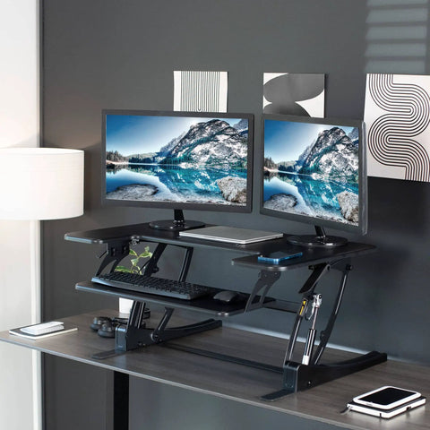 36 Inch Height Adjustable Desk Converter Sit To Stand Riser With Dual Monitor Support, Large 91 Cm Surface, Black V Series Stand Up Desk