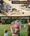 Man repairing RC foam airplane; family flying kite in wide application scene