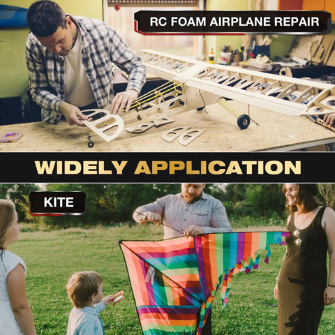 Man repairing RC foam airplane; family flying kite in wide application scene