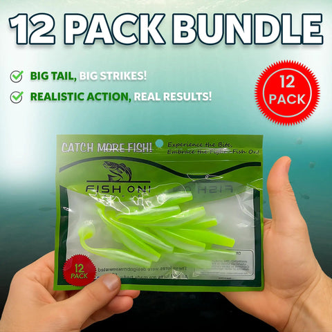 4 Inch Soft Plastic Paddle Tail Swimbaits Pack Of 12 Electric Green With Realistic Kicking Action in packaging