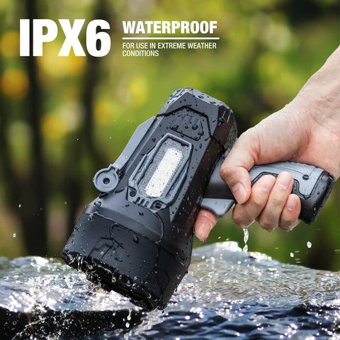 Ultra Bright Rechargeable Spotlight 2,000,000 Lumens LED Handheld Flashlight With 3 Color Lenses And Foldable Stand submerged in water