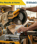 AltitudeCraft Crown Stops for Miter Saw on a yellow DEWALT miter saw; heavy-duty crown molding jig.