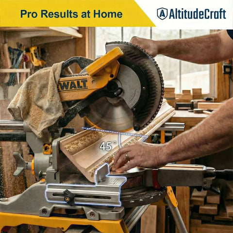 AltitudeCraft Crown Stops for Miter Saw on a yellow DEWALT miter saw; heavy-duty crown molding jig.