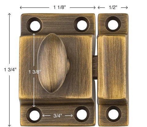 Top Shelf Antique Brass Cabinet Door Latch With Classic Oval Turn Spring Loaded Cupboard Hardware Heavy Duty Brass Vintage Catch shown with dimensions.