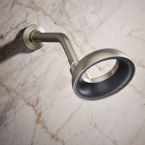 Statement VES Single-Function Showerhead 1.5 GPM Vibrant Brushed Nickel, wall-mounted, on marble background, wide coverage spray