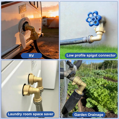 Brass 90 Degree Hose Elbow For RV And Garden Three Quarter Inch Leak Free Water Connector That Prevents Kinks And Delivers Smooth Flow No Fuss Fit For RV Inlets And Outdoor Faucets Durable Backyard Hose Fitting on RV inlet