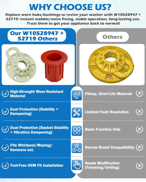 Washer Basket Driven Hub Kit And 52719 Washing Machine Basket Bushing Replacement Set For Whirlpool Maytag Kenmore VMW Replaces AP5665171 PS6012095 W10528947VP W10396887 W10528947 comparison graphic