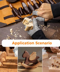 Crafting wooden toys using Wood Carving Kit 68 Piece Whittling Set With Leather Storage Bag And 16 Carbon Steel Knives and paints.