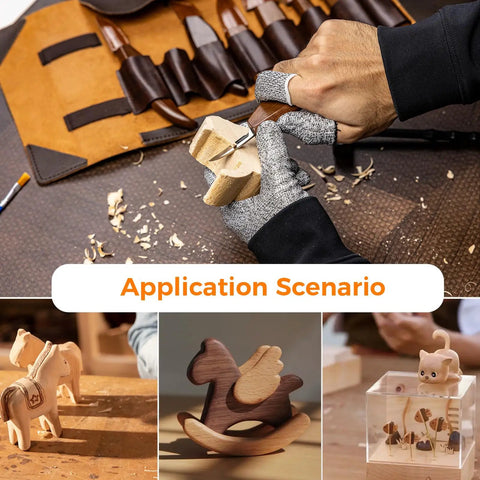 Crafting wooden toys using Wood Carving Kit 68 Piece Whittling Set With Leather Storage Bag And 16 Carbon Steel Knives and paints.