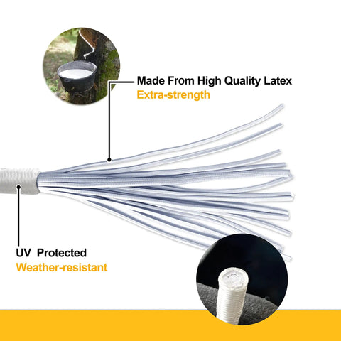 Close-up of 6 Inch Heavy Duty 5mm Ball Bungee Canopy Cords Set 100 Pieces White Durable Elastic Ties showing internal latex strands.
