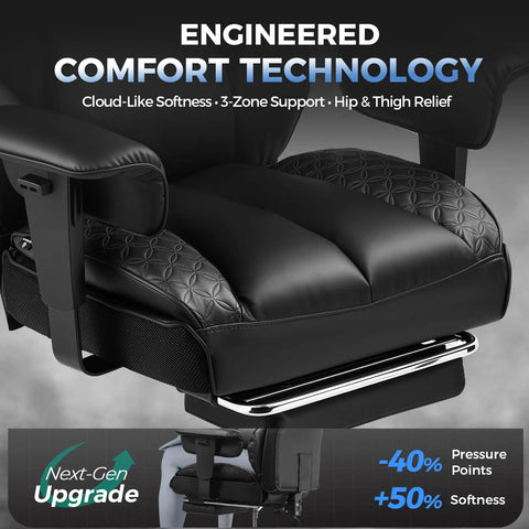 Big And Tall Gaming Chair With Retractable Footrest And Pocket Spring Lumbar Support And Heavy Duty 400 Pound Capacity Office Seat Built Tough For Major Lower Back Relief And Prime Lazy Weekend Reclining close-up of engineered comfort technology and plush seat design
