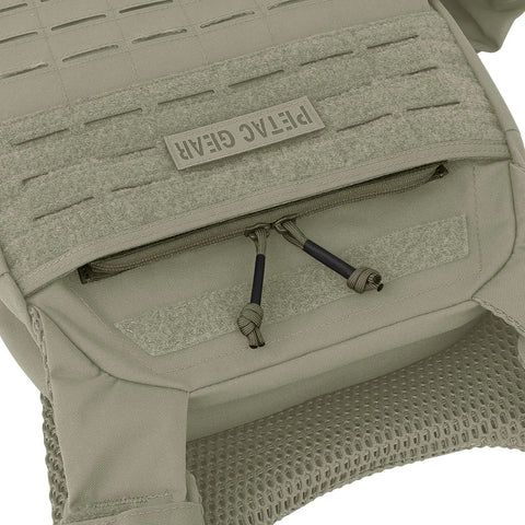 Tactical Drop-In Zipper Inserts For Built-In Vest Plate Bag Admin Pocket showing front pocket with loops and zipper