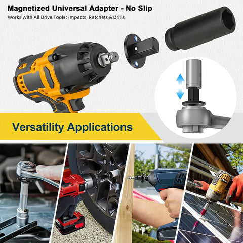 Premium Low Profile Heavy Duty Socket Adapter Set With Magnetized Ratcheting Wrench Extenders For Tight Spaces And Confined Engine Bays Perfect For Serious Repair Jobs On Your Ride, black steel adapter on impact wrench