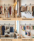 Heavy Duty Industrial Pipe Clothing Rack With Four Hanging Rods Wall Mounted Garment Rack Black Steel Frame in home closet and boutique settings.
