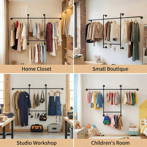 Heavy Duty Industrial Pipe Clothing Rack With Four Hanging Rods Wall Mounted Garment Rack Black Steel Frame in home closet and boutique settings.