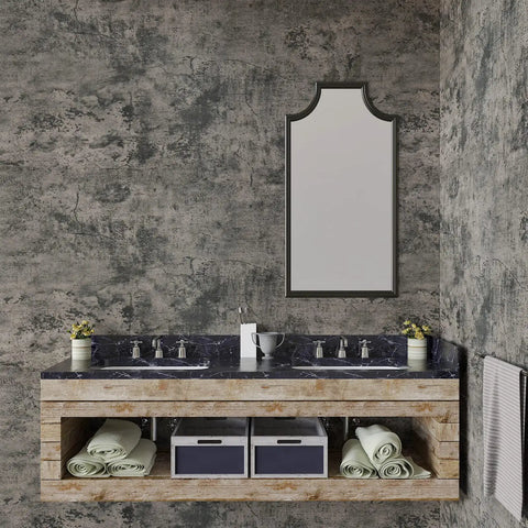 Bathroom vanity with taupe faux concrete peel and stick contact paper for countertops and cabinets, DIY friendly self adhesive vinyl wrap.