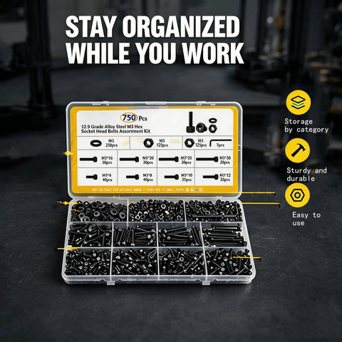 All-In-One Bed Frame Screw And Bolt Set, 750-Piece M3 Machine Screws Assortment In Six To Thirty Millimeter Range, Premium 12.9 Grade Alloy Steel, Nuts And Washers, Beefy Heavy-Duty Replacement Kit For Furniture. Open organizer with M3 screws, nuts and washers