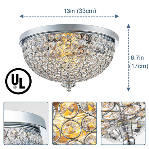 Crystal Flush Mount Ceiling Light Two Light Fixture With Chrome Finish And Sparkling Crystal Bowl Shade, Bulbs Included