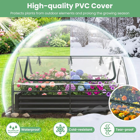 Metal Raised Garden Bed With Cover And Mini Greenhouse, outdoor use, flowers inside, half visible in winter and half in summer