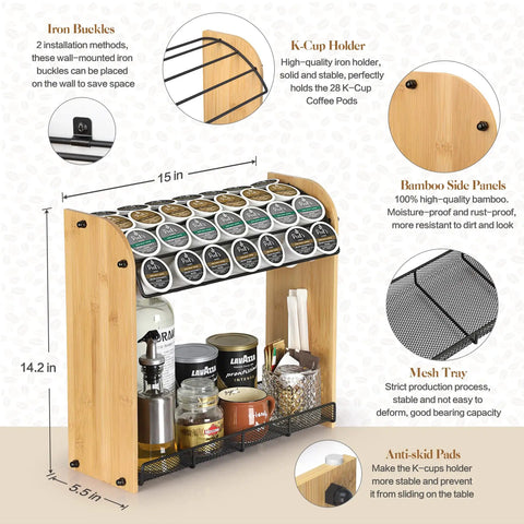 Large Capacity K Cup Holder And Coffee Pod Organizer In Natural Bamboo, holds 49 pods, with mesh tray in kitchen setting