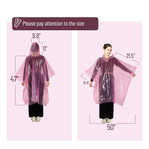Image of a person wearing a clear poncho with measurement details, part of a Four Pack Disposable Rain Ponchos With Hood For Adults Clear See Through Emergency Rain Gear Lightweight And Waterproof Easy To Pack Grab And Go Perfect For Travel Outdoor Fun And Sudden Showers.