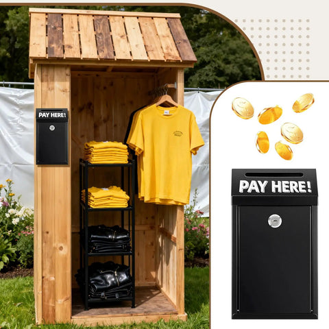 Metal Donation Box With Lock For Wall Mount Secure Cash Deposit Slot Money Drop Box For Home Office Or Outdoors Black 10.2 x 5.6 x 2.9 Inch Includes 2 Keys Durable Steel Cash Box mounted on a wooden cabin next to merchandise display.