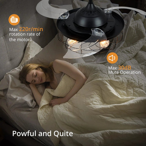Dope 42 Inch Retractable Ceiling Fan With Lights In Farmhouse Industrial Style above sleeping person, showing quiet operation