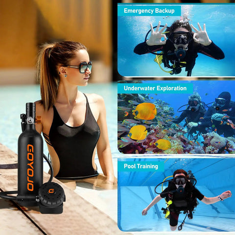 1L Mini Scuba Tank With Mask DOT Certified Portable Diving Air Tank 3000 PSI Max Pressure Pony Bottle for snorkeling, diving, black