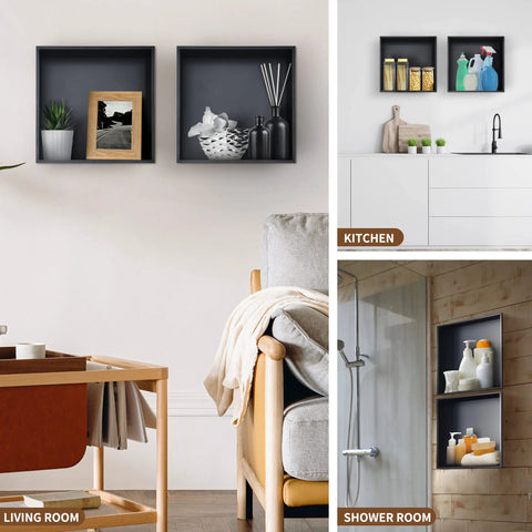 Black Stainless Shower Niche Shelf 12.5 X 12.5 X 4.7 Inches Slick Flush Mount Recessed Niche in various interior settings