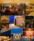 Collage showing various settings with 48Ft Outdoor LED String Lights With Remote Dimmer And Timer For Patio Porch And Backyard.