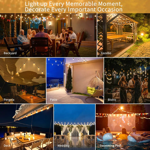 Collage showing various settings with 48Ft Outdoor LED String Lights With Remote Dimmer And Timer For Patio Porch And Backyard.