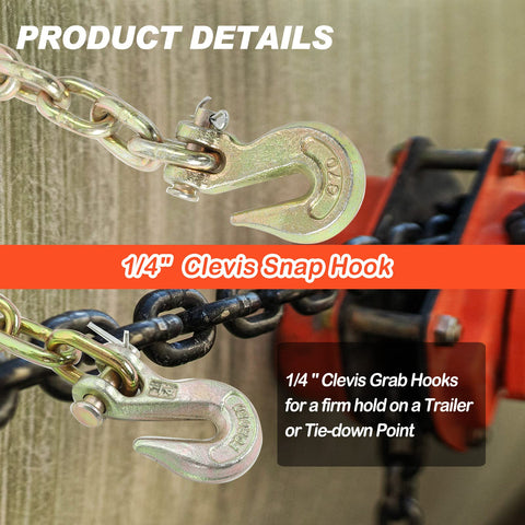 Close-up of One Quarter Inch By Twelve Feet Grade 70 Binder Chain for Tie Down with Clevis Grab Hook