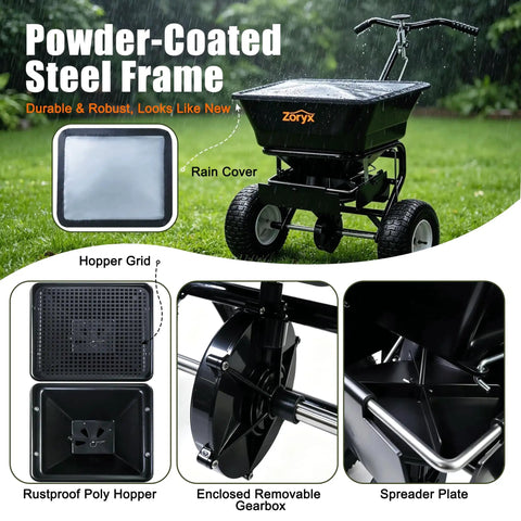 Heavy Duty Walk Behind Broadcast Spreader With 100 Pound Hopper And 13 Inch All Terrain Tires For Fertilizer Seed Salt Ice Melt And Big Yard Ready Lawn Care Adjustable Gate And Steel Frame shown with rain cover and rugged steel frame.