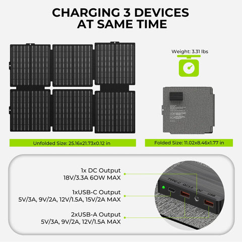 Diagram showing On The Go Portable Solar Generator 300W Power Station with Foldable 60W Solar Panel for multi-device charging.