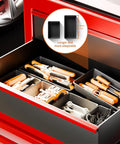 Epic 69 Piece Tool Drawer Organizer Set In Five Sizes For Desk Drawer Rolling Tool Chest And Tray Storage Black Keeps Your Gear Sorted, Easy Access And Ready To Go inside a red tool chest with tools organized neatly in black trays.